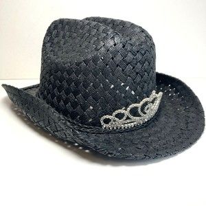 Black Straw Girls Rodeo Cowboy Hat W/ Tiara Elastic Band Inside Comfort Fit